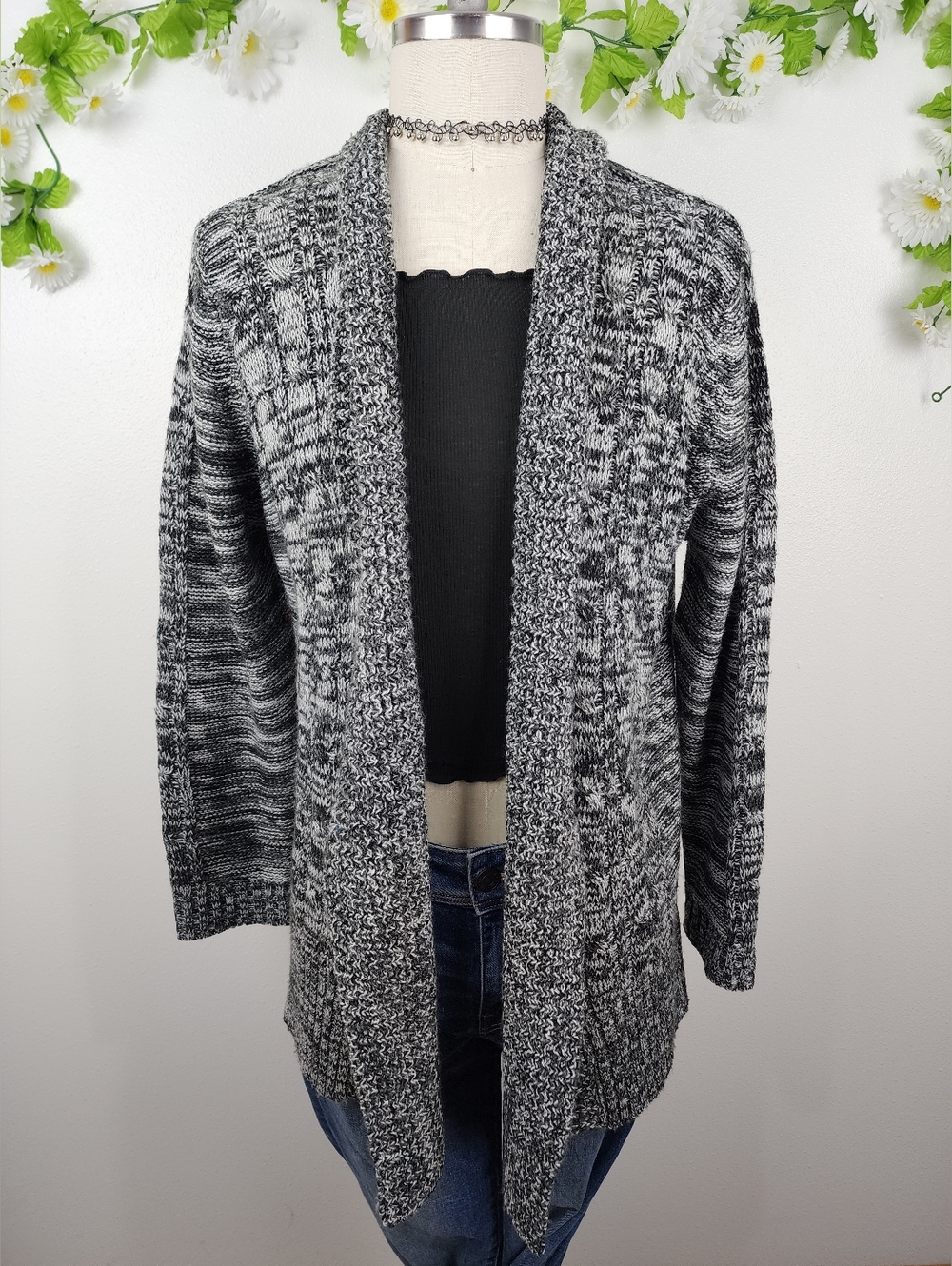 Northcrest Knit Open Cardigan Sweater - Black & White Sz XL